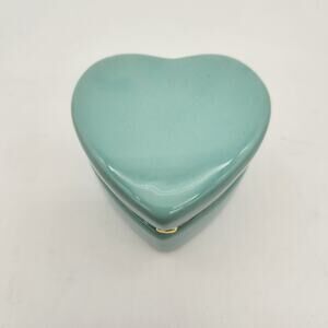 Aqua Glossy Ceramic Heart-Shaped Trinket Box Gold Trim‎ Heart Latch Jewelry